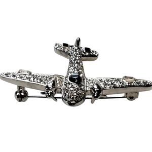 Clear Rhinestone Airplane Moving Propeller 2" Silver Tone Unsigned